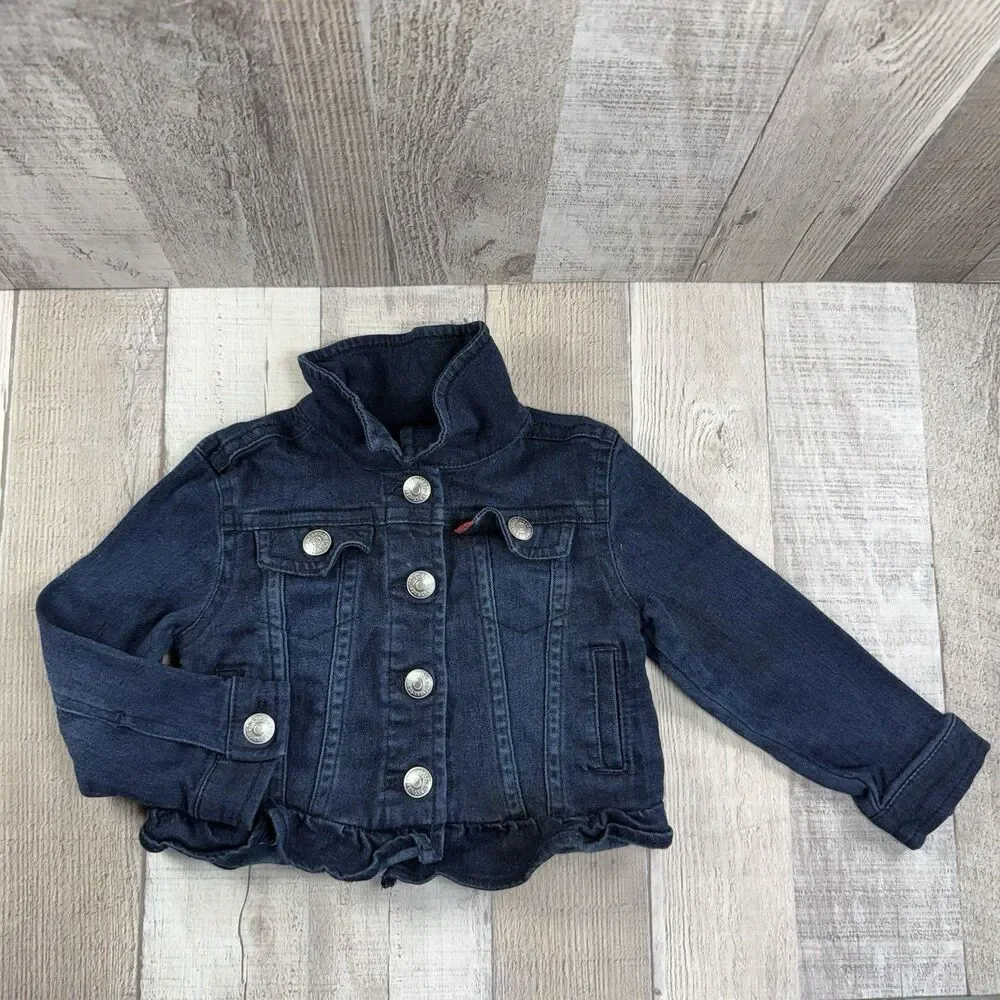 Levi's Ruffle Denim Trucker Jacket Girls Baby Size 12M Button Up Dark Wash Blue